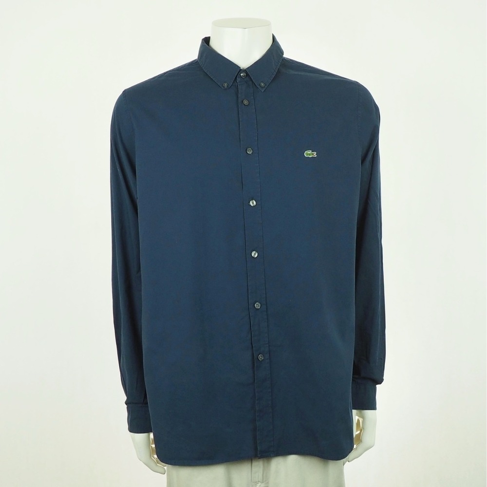 Lacoste Slim Fit Button Down Shirt Mens XL Navy Blue Poplin Cotton Stretch Blend